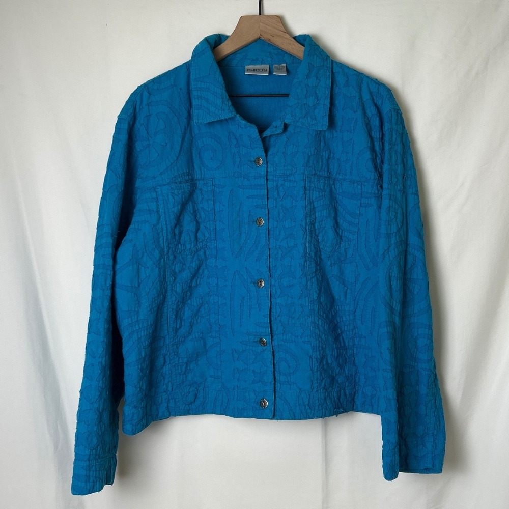 Chicos Womens Quilted Button Front Cotton Jacket Size 3 /XL Turquoise Blue Boho
